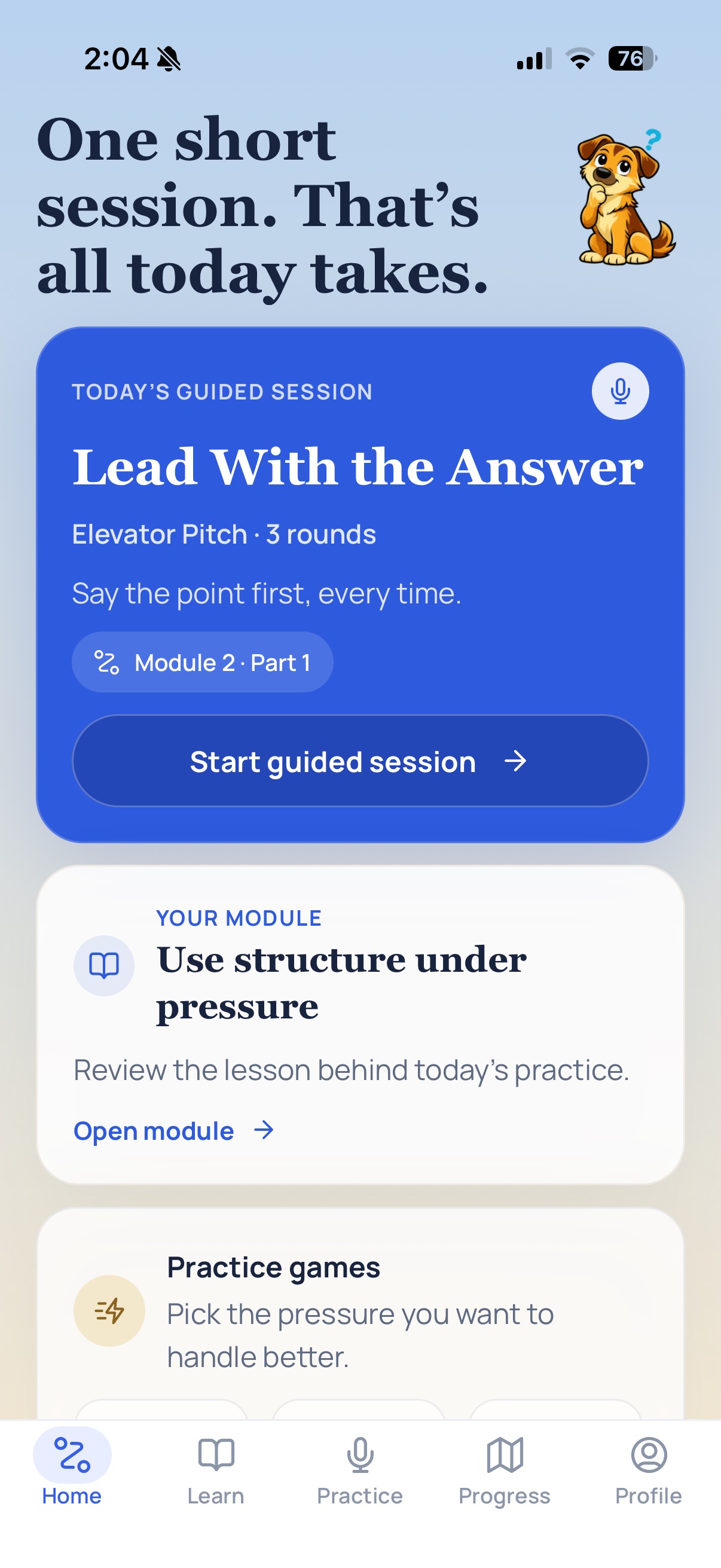 QuickWit Home screen with today's guided session