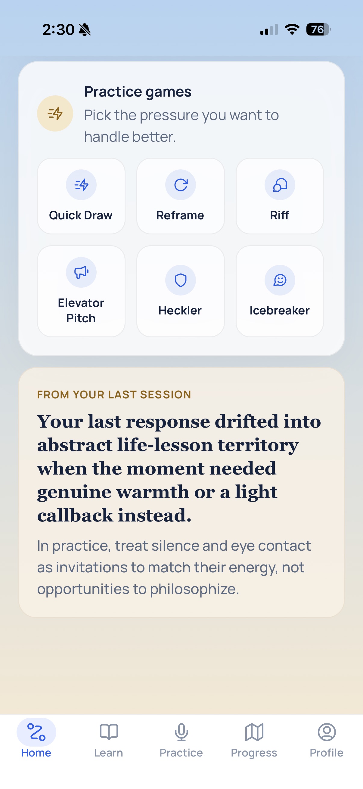 QuickWit practice games and session feedback