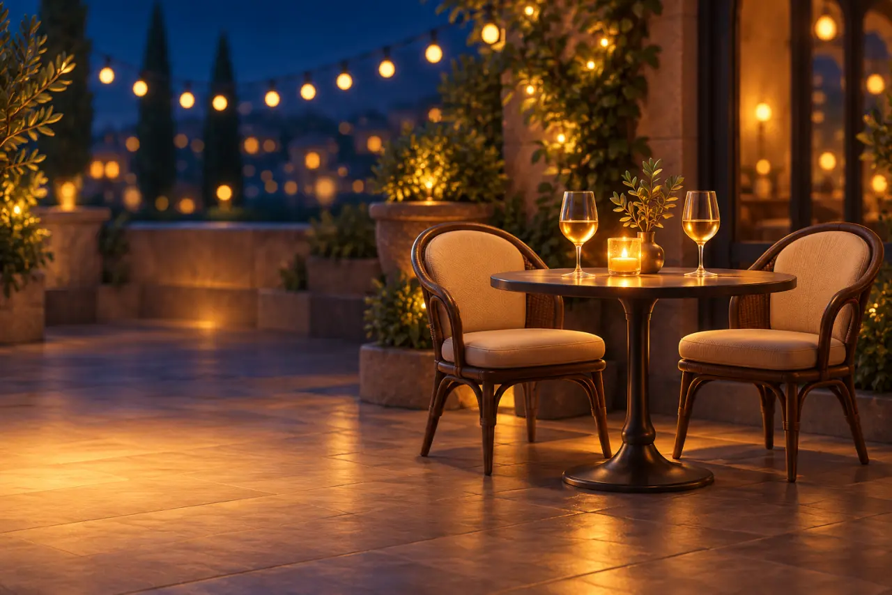 A wine bar table set for two at night