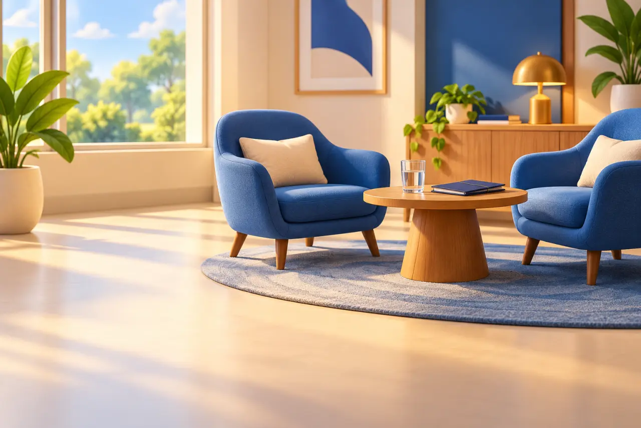 A bright interview room with two chairs across a table