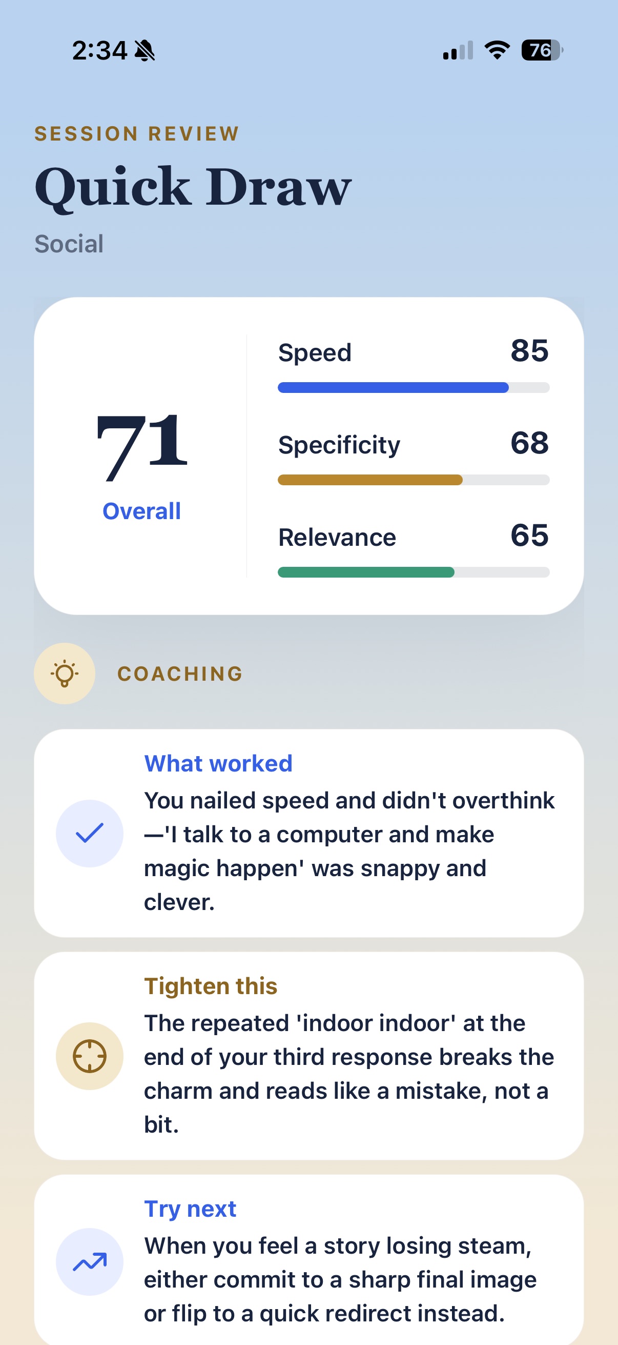 Session review with coaching scores and feedback